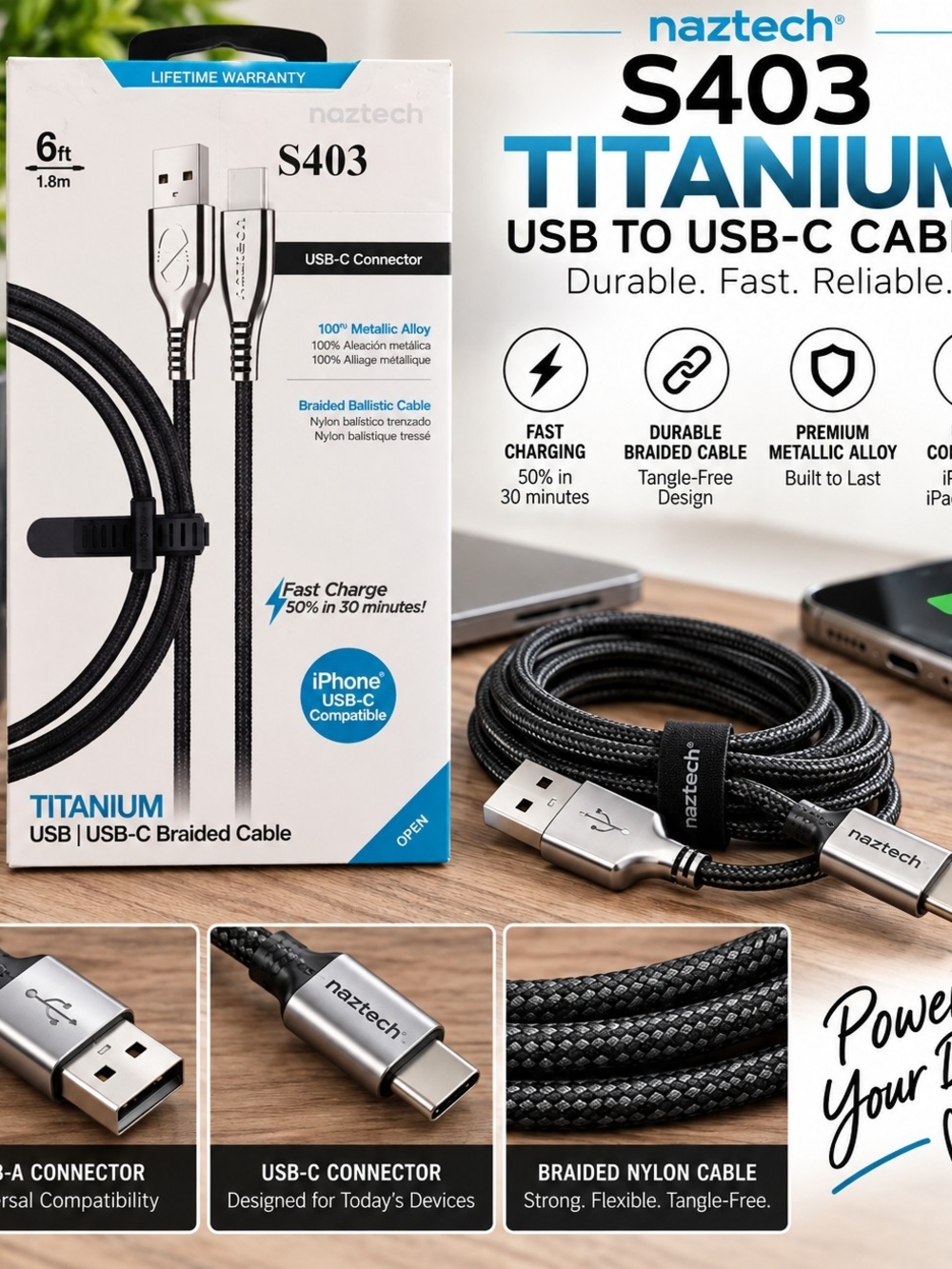 Naztech S403 Titanium USB to USB-C Braided Cable - Black
